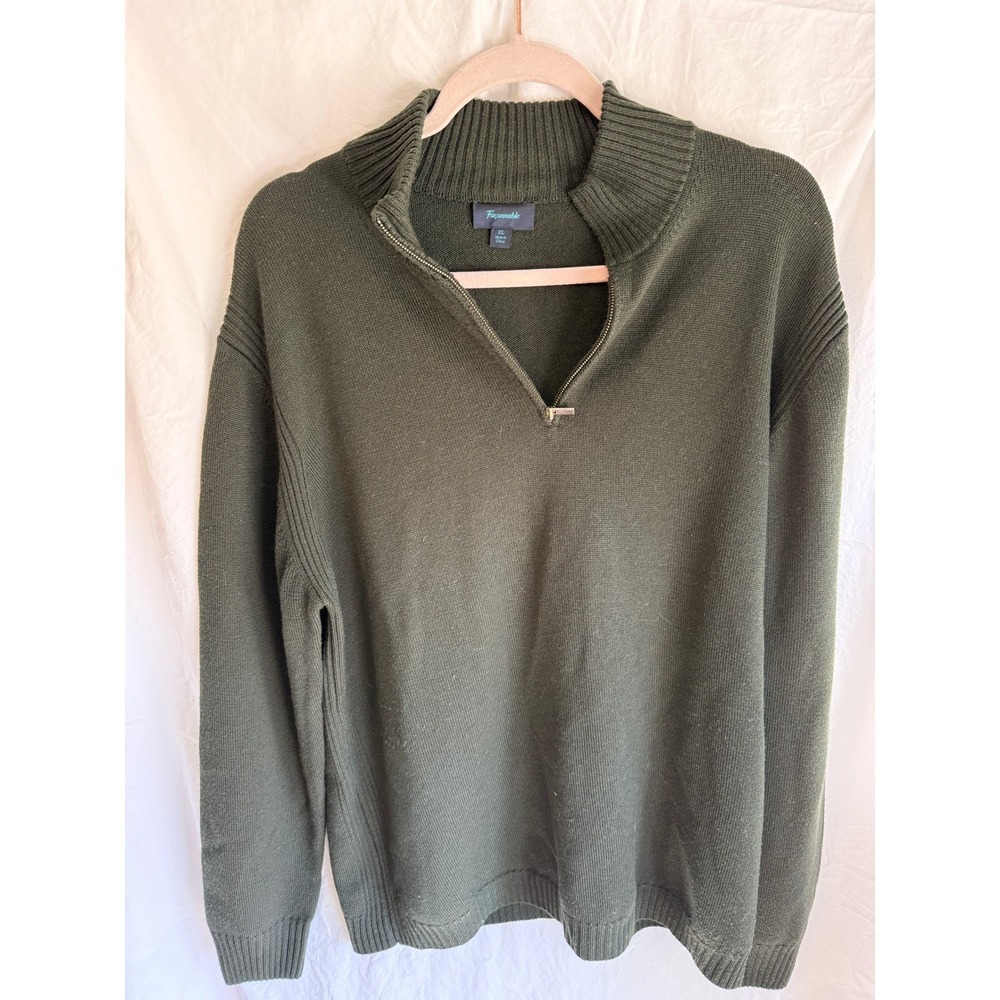 Faconnable Mens XL Quarter Zip Sweater Olive Green Mock Neck Ribbed KnitPullover